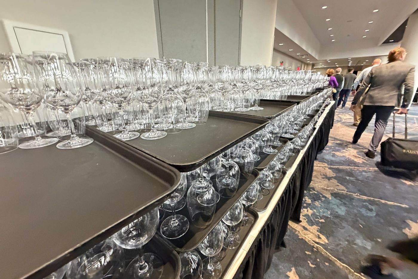 Rows of empty wine glasses lined up on black trays before the tasting